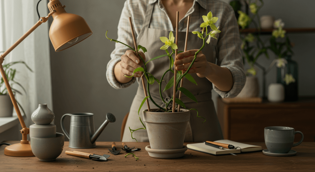 baunilha brazil amantes de orquideas Baunilha Brazil, Mulher cuidando de uma orquídea no vaso.