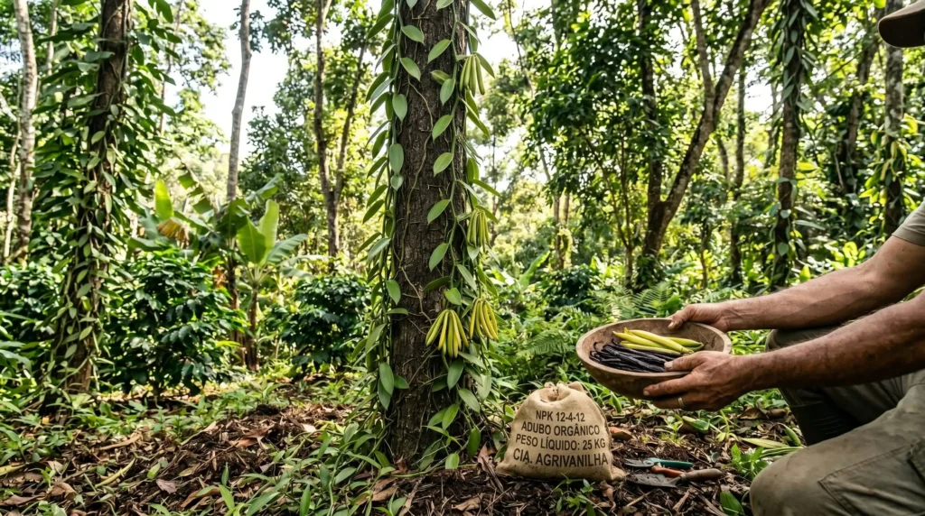 Adubo NPK baunilha sendo aplicado em plantação de Vanilla planifolia com vagens curadas e frescas em primeiro plano.