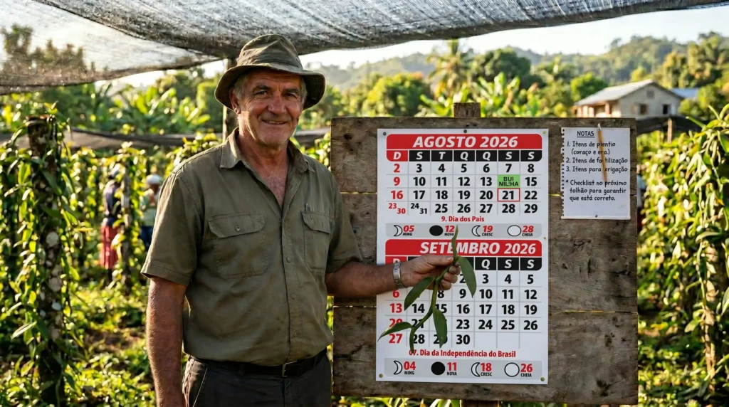 Calendário de parede destacando os meses de agosto e setembro, ao lado de um agricultor segurando uma muda de baunilha, fundo de plantação tropical com sombreamento.
