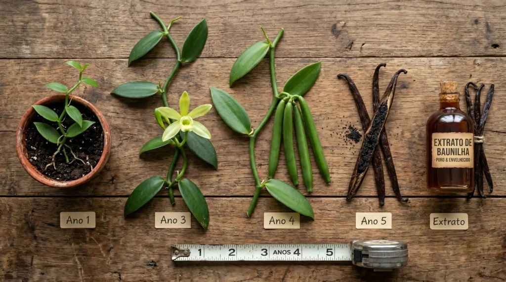 Linha do tempo do cultivo da baunilha mostrando muda, floração, fava verde, fava curada e extrato, com indicação de 5 anos.