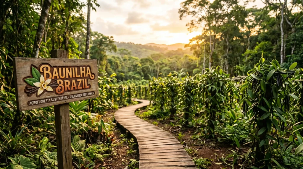 Vista panorâmica inspiradora de uma agrofloresta de baunilha próspera no Brasil, pronta para novos produtores.