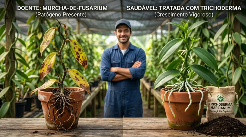 Comparação lado a lado: planta de baunilha doente com fungos ao lado de planta saudável tratada com Trichoderma. Agricultor confiante ao fundo.
