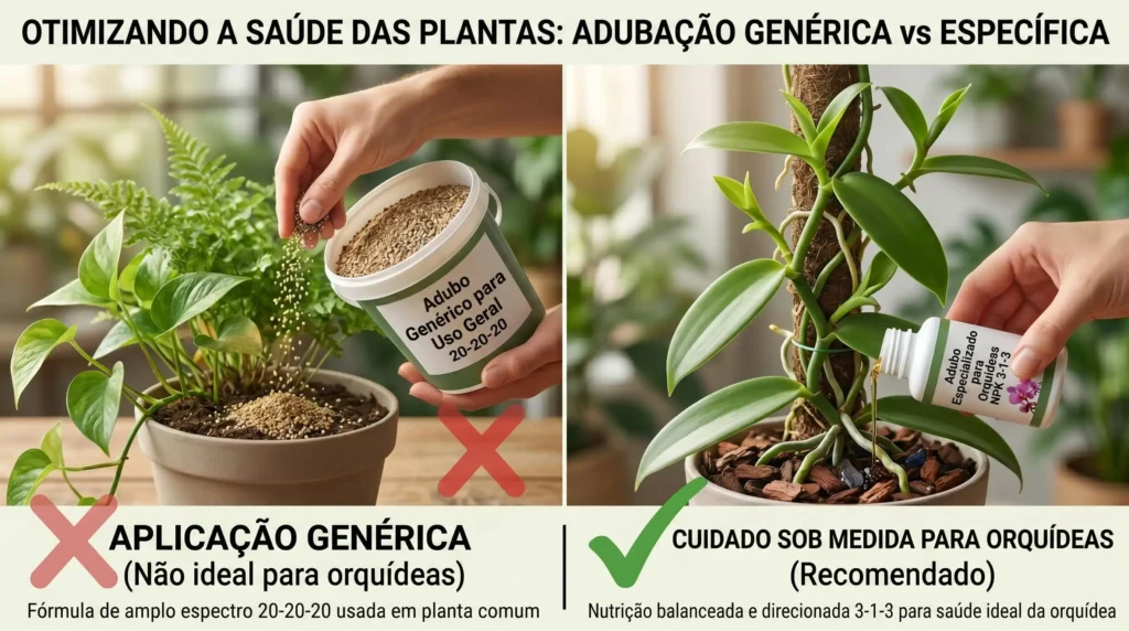 Comparação visual entre um fertilizante genérico e o adubo NPK baunilha, destacando a especificidade para a orquídea.