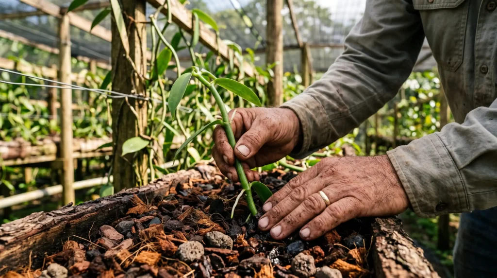 Época para plantar baunilha: mãos de agricultor plantando estaca de orquídea baunilha em substrato orgânico com casca de pinus, fibra de coco e pedras vulcânicas. Fundo de viveiro com sombreamento.