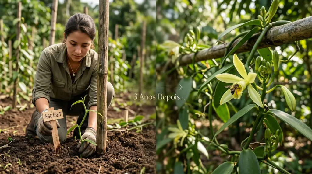 Linha do tempo mostrando plantio em agosto/setembro e primeira polinização três anos depois, com flor aberta e abelha Melipona.