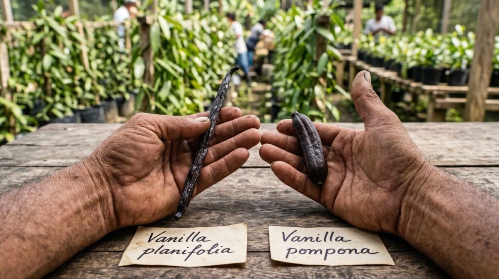 Comparação entre duas espécies de baunilha: Vanilla planifolia (fava longa) e Vanilla pompona (fava curta), com agricultor escolhendo entre elas.