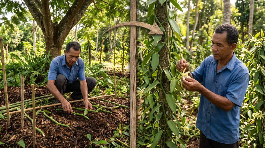 Duas etapas do manejo da baunilha: plantio da estaca sobre mulch e polinização manual da flor.