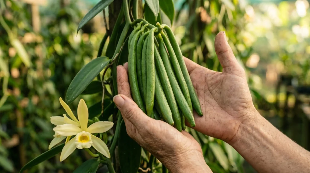 Maõs profissionais segurando favas de baunilha verde em uma estufa tropical no Brasil.