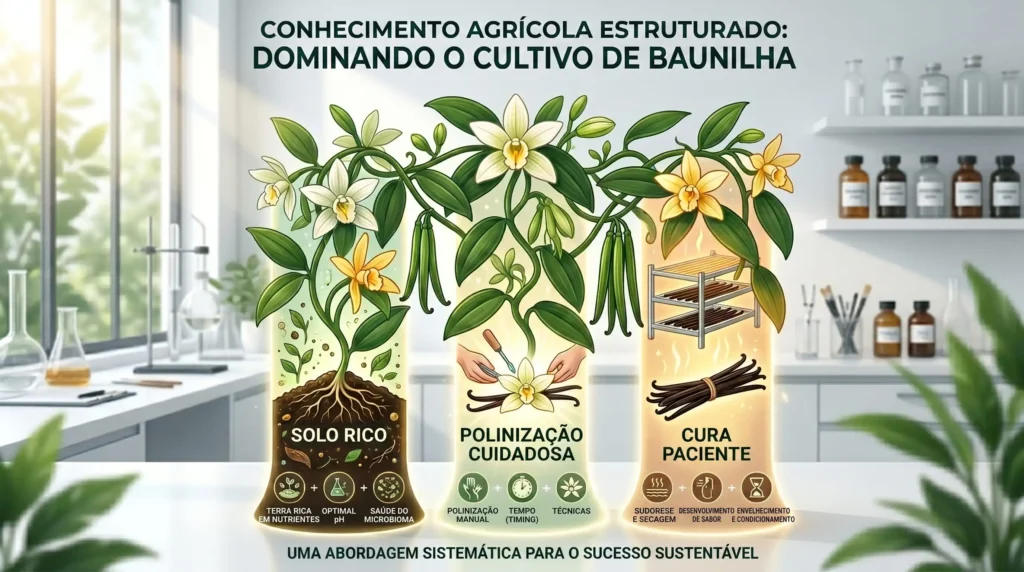 Infográfico conceitual dos quatro pilares principais de como cultivar baunilha premium com sucesso.