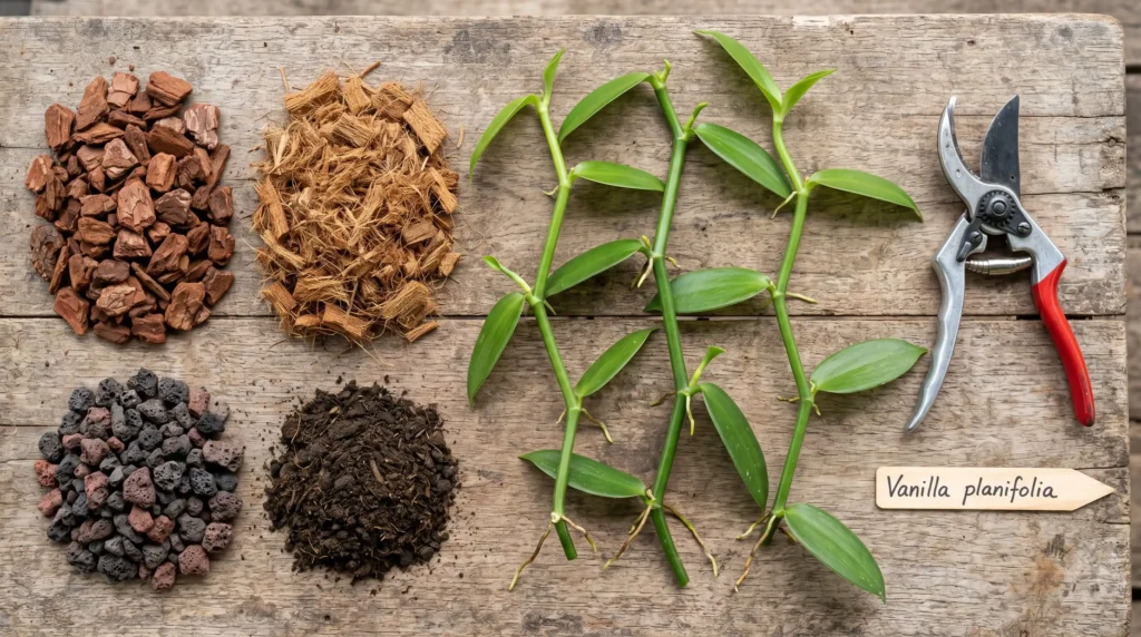 Preparo de estacas de baunilha e substrato com casca de pinus, fibra de coco, pedras vulcânicas e tesoura de poda.